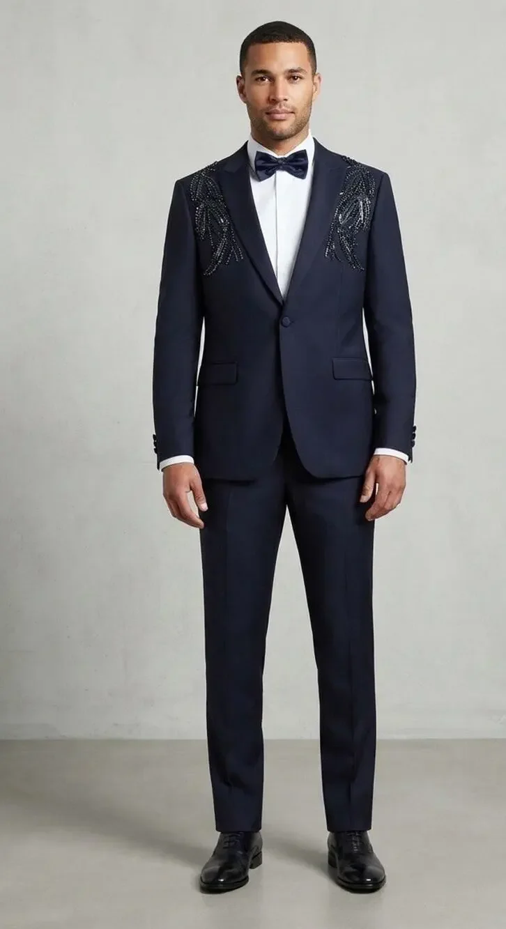 TORRES Mens Navy Suit US 42 EU 52 Beaded Sequin Embellished Jacket Pants Set T15